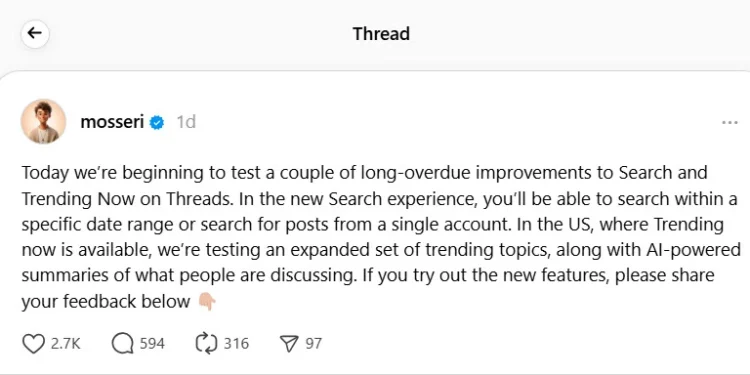 ميزة تلخيص المواضيع الرائجة في Threads