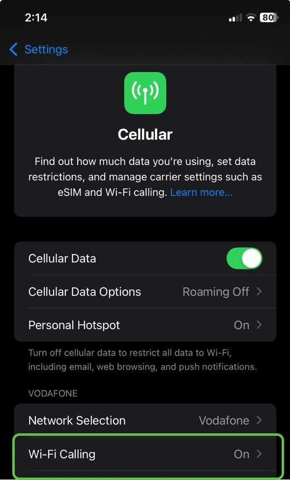صورة توضح طريقة تفعيل مكالمات الواي فاي على هواتف آيفون