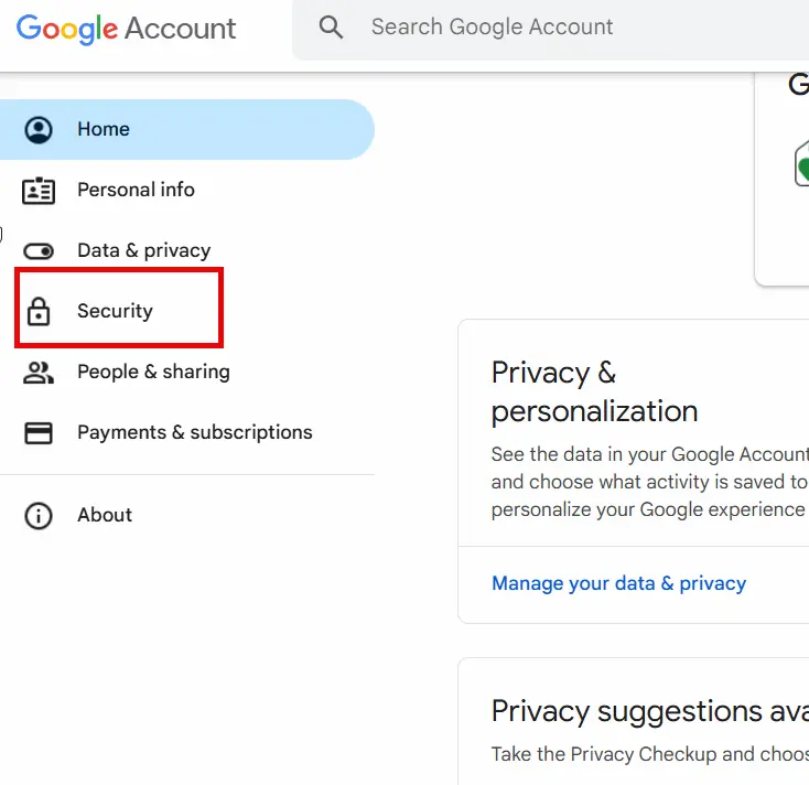 صورة توضح قسم الأمان "Security" فى حساب جوجل