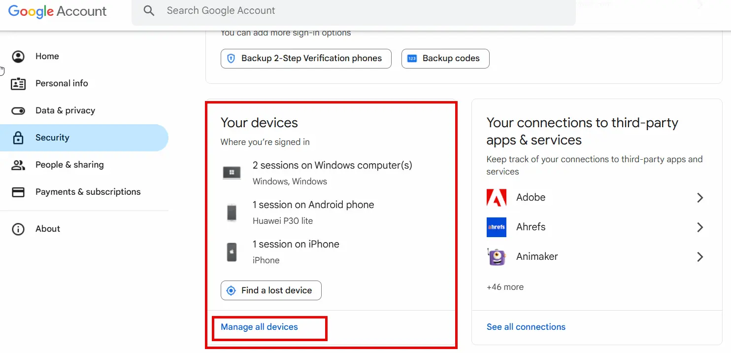 الأجهزة المتصلة فى حسابك فى جوجل