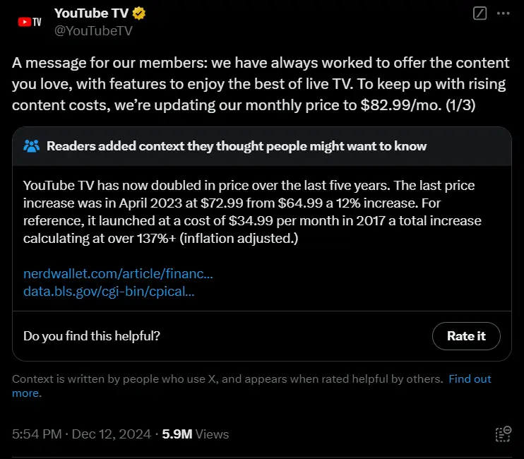 السبب وراء زيادة أسعار YouTube TV : مصدر الصورة: منصة X