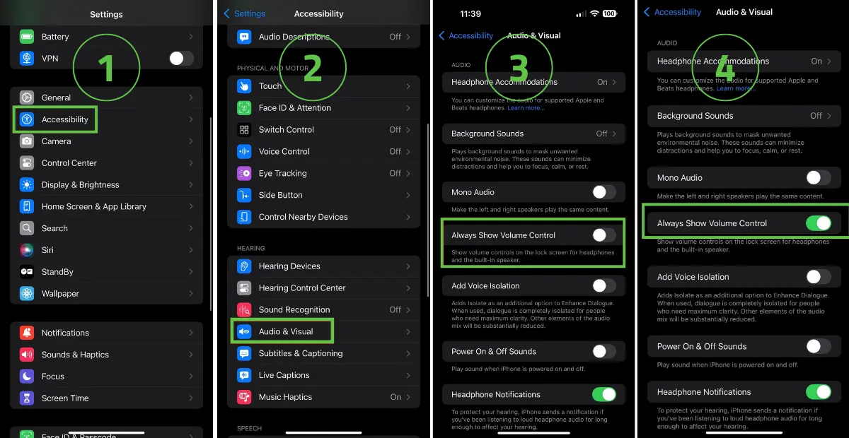 صورة توضيحية لشاشة الإعدادات على آيفون تُظهر خطوات تفعيل شريط التحكم بالصوت على شاشة القفل في تحديث iOS 18.2.