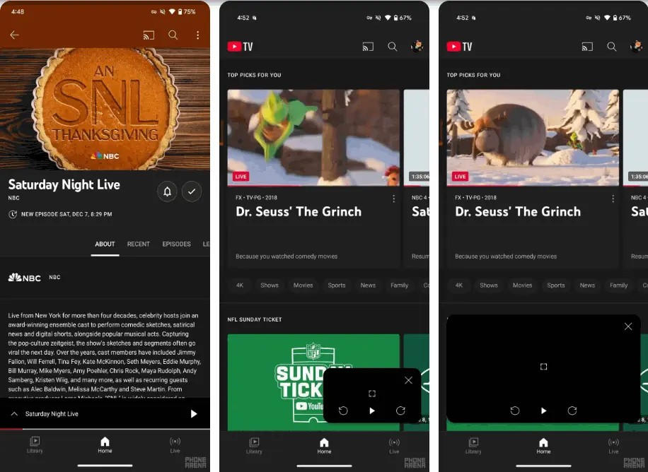 صورة توضح تصميم mini-player الجديد بنمط "صورة في صورة" في تطبيق YouTube TV لأجهزة أندرويد - مصدر الصورة: 9to5google