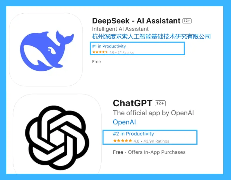 صورة توضح ترتيب تطبيقي "DeepSeek - AI Assistant" و"ChatGPT" في متجر تطبيقات آبل، حيث يحتل "DeepSeek" المرتبة الأولى في الإنتاجية، بينما يأتي "ChatGPT" في المرتبة الثانية.