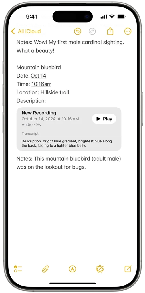 التسجيل الصوتي المباشر فى ملاحظات اّبل- مصدر الصورة:Apple.