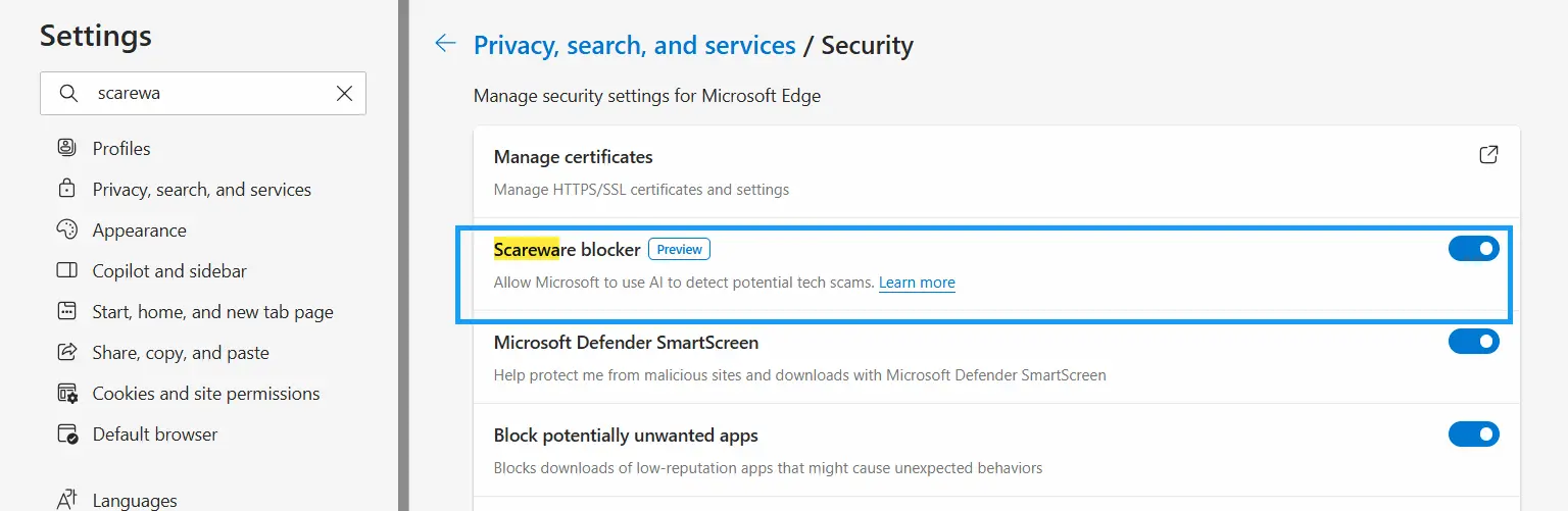 صورة توضح طريقة تفعيل ميزة "مانع برمجيات التخويف" في إيدج