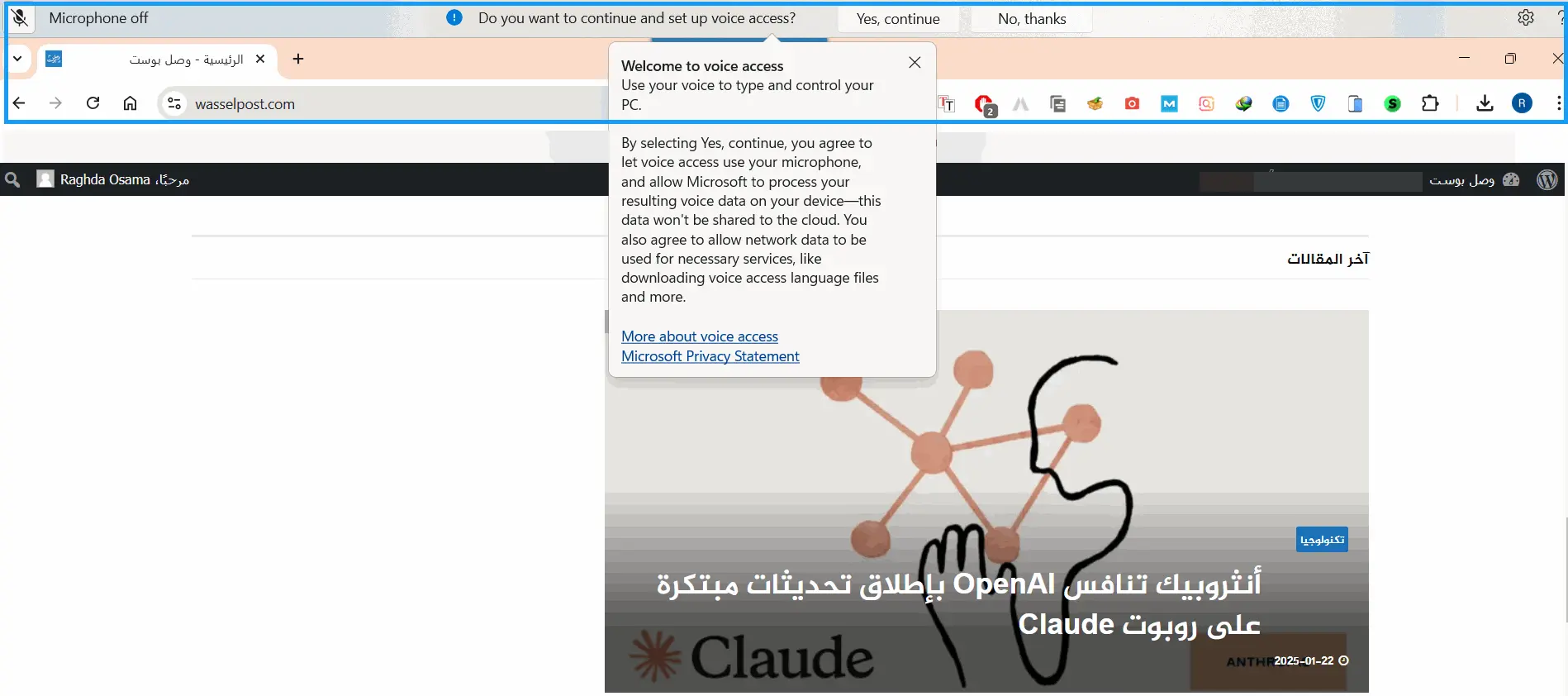 صورة توضح الوصول الصوتي (Voice Access) أعلى الشاشة