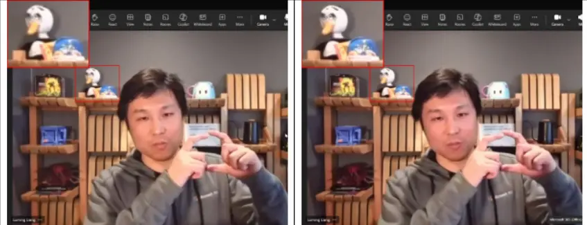 مقارنة بين فيديو قبل وبعد تفعيل ميزة "الجودة الفائقة Super Resolution" في تطبيق Microsoft Teams.