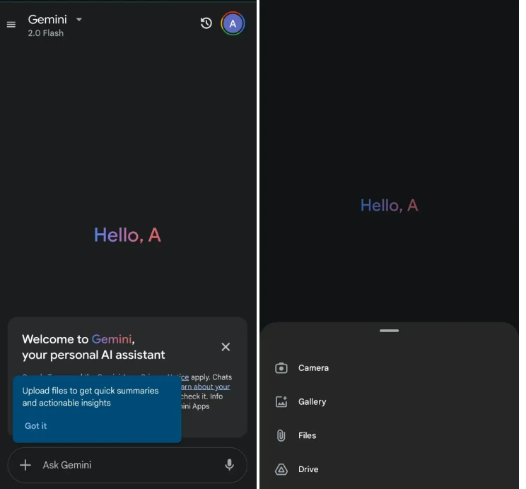 لقطة شاشة من تطبيق Gemini تعرض خيار تحميل الملفات وتحليلها باستخدام الذكاء الاصطناعي- مصدر الصورة: موقع 9to5google.