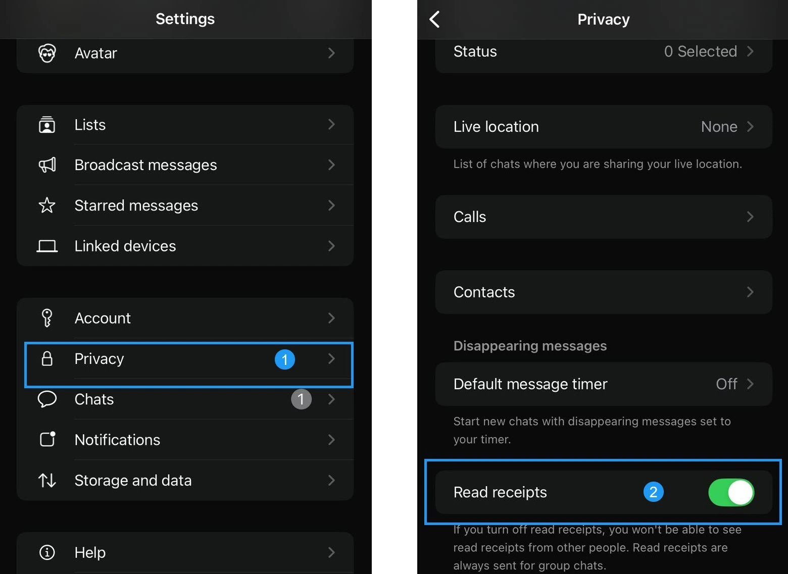 صورة توضح خطوات تعطيل العلامات الزرقاء (Read receipts) في واتساب