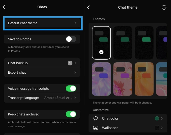 صورة توضح طريقة تفعيل سمات الدردشة في آيفون