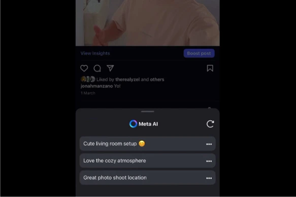 صورة توضح كيفية استخدام ميزة التعليقات المولدة بالذكاء الاصطناعي في إنستجرام