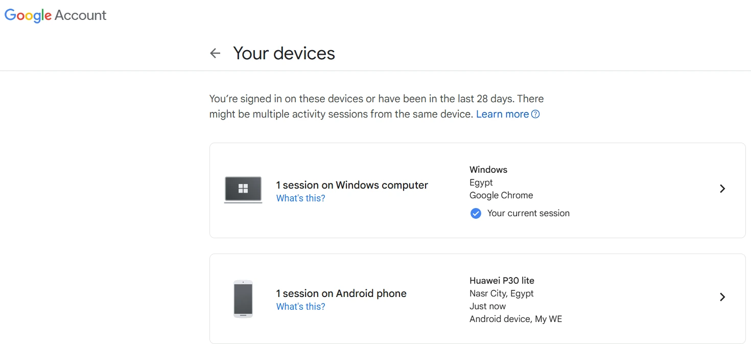 صورة توضح الأجهزة التي قامت بتسجيل الدخول إلى حساب جوجل