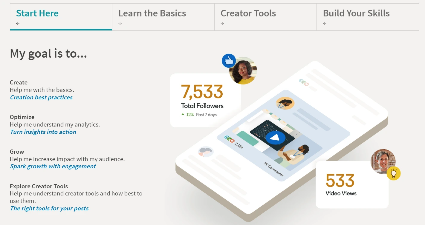 صورة توضح أقسام مركز LinkedIn الجديد لصناع المحتوى مصدر الصورة: لينكدإن