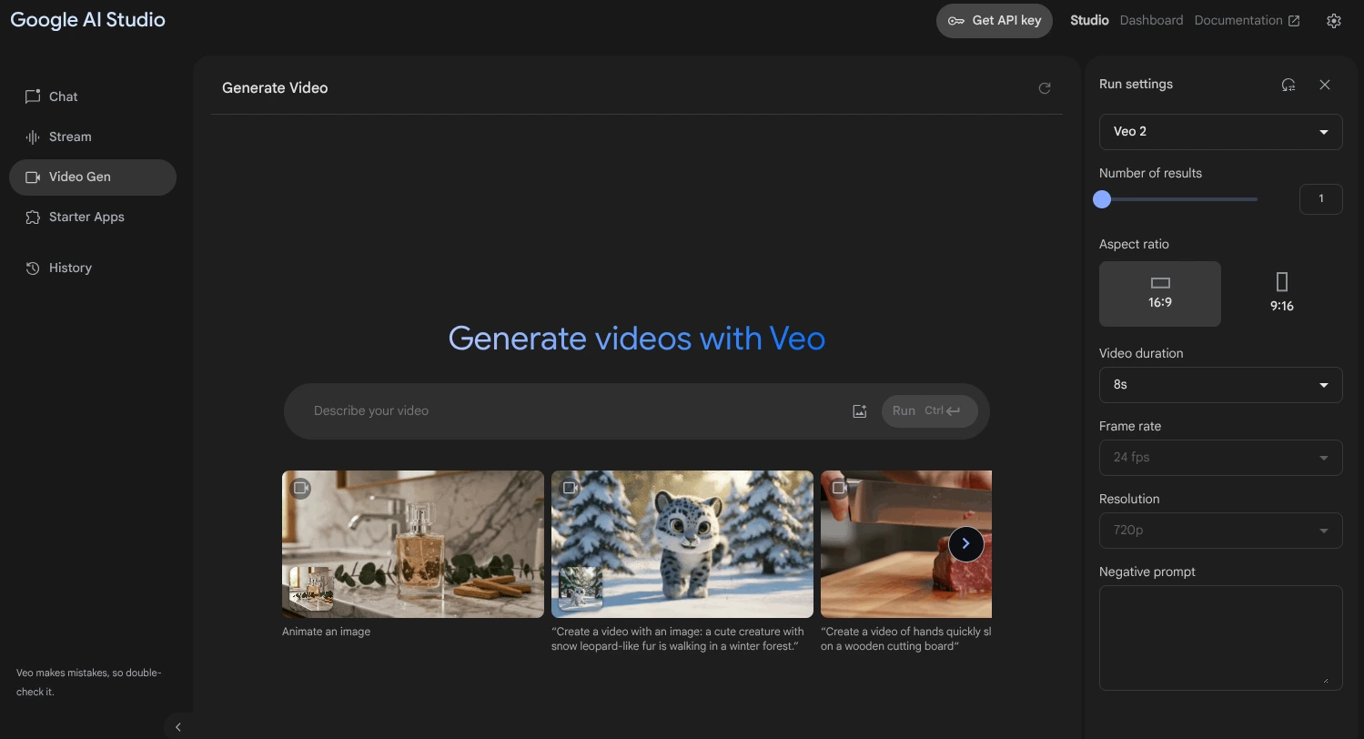 واجهة Google Ai Studio تعرض نموذج Veo 2 أثناء إنشاء فيديو واقعي من وصف نصي، مع خيارات تخصيص المشهد بدقة سينمائية.