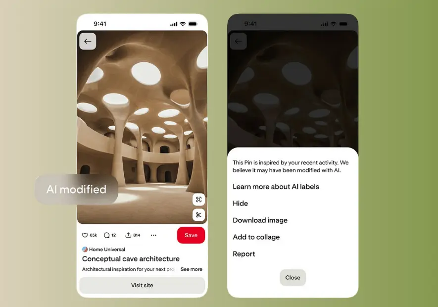 صورة توضح تطبيق Pinterest تعرض خيار التحكم في الصور مع وسم يشير إلى تعديل الصورة وخيارات تصفية المحتوى