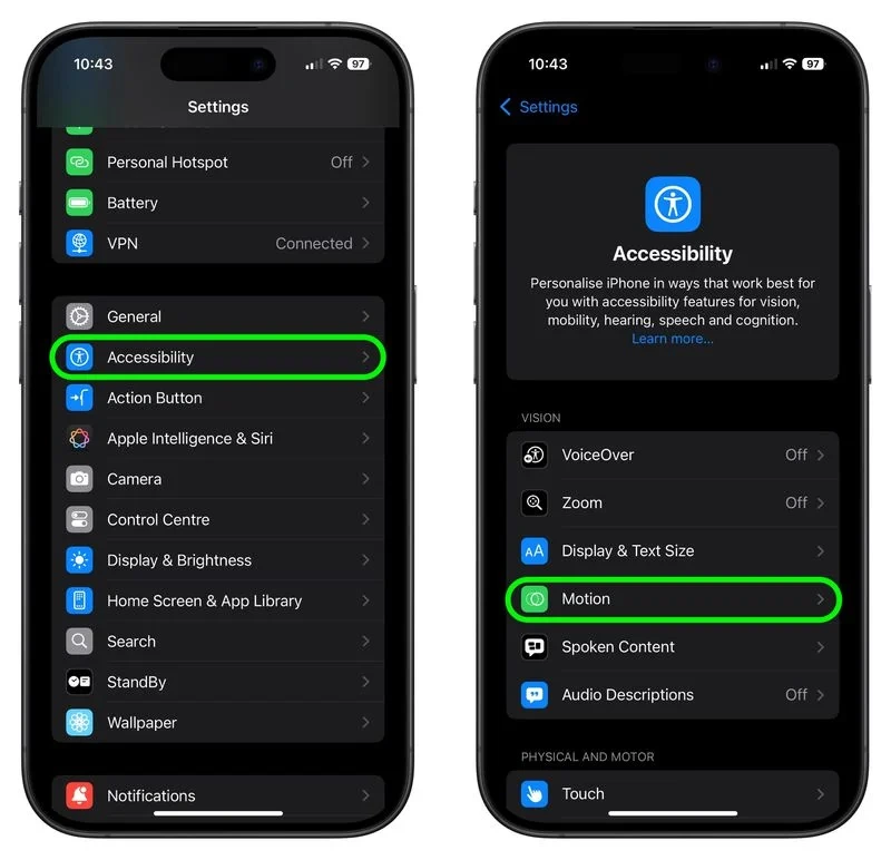 ضبط إعدادات إمكانية الوصول لتجنب دوار الحركة في iOS 18