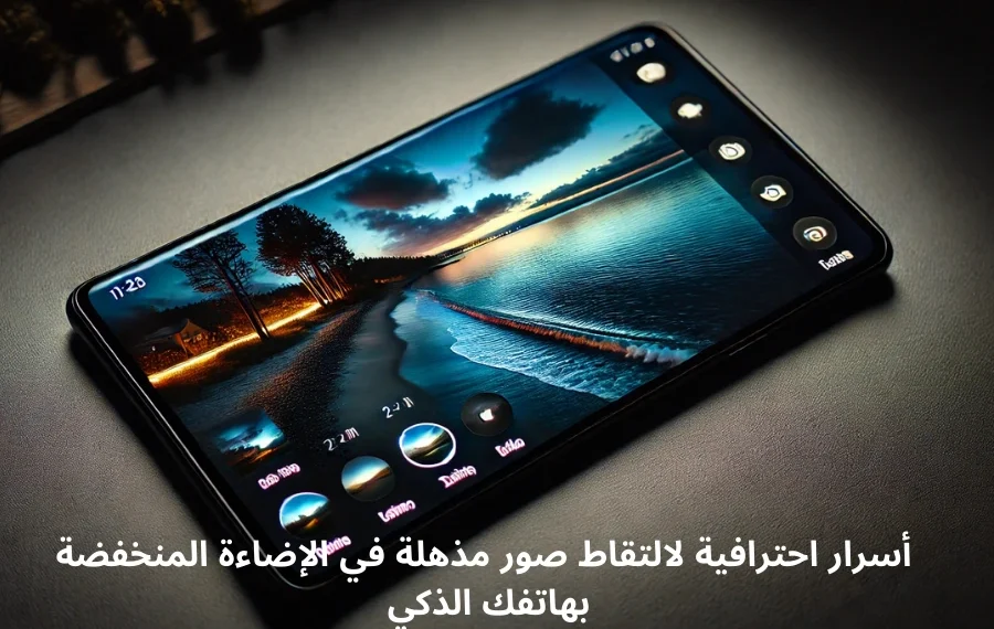 هاتف ذكي يلتقط صورة واضحة ومذهلة لمنظر البحر، يوضح قدرة الهاتف على التصوير بجودة عالية في ظروف الإضاءة المنخفضة.