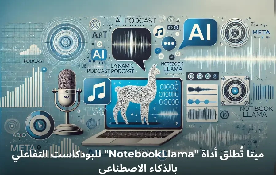صورة افتراضية لأداة NotebookLlama من Meta، تظهر واجهة بودكاست تفاعلي تعتمد على الذكاء الاصطناعي مع أيقونات صوتية ومحادثات
