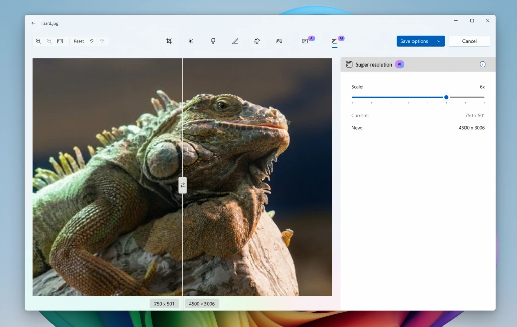 ميزة الدقة الفائقة توفر طريقة بسيطة لزيادة دقة الصور وتحسينها في محرر الصور- مصدر الصورة: Microsoft