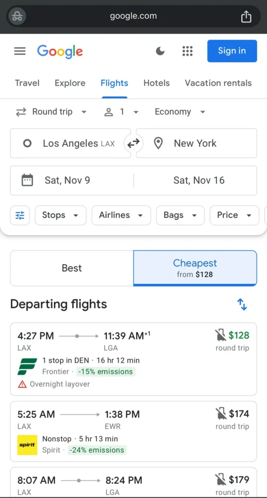 صورة تعرض ميزة "الأرخص" من Google Flights للعثور على أرخص الرحلات الجوية