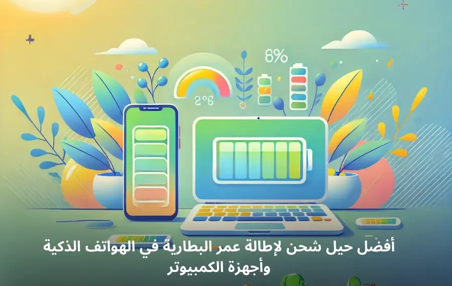 صورة افتراضيه تظهر هاتفًا ذكيًا وجهاز كمبيوتر محمول أثناء الشحن وأفضل حيل شحن لإطالة عمر البطارية