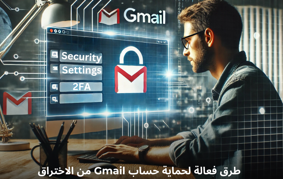 صورة إفتراضيه شخص يفحص إعدادات الأمان في Gmail على جهاز الكمبيوتر لحماية حسابه من الاختراق باستخدام تقنيات أمان فعّالة