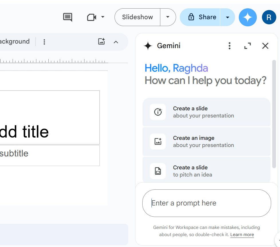 تصميم الصور والرسوم التوضيحية من Gemini على Google slides