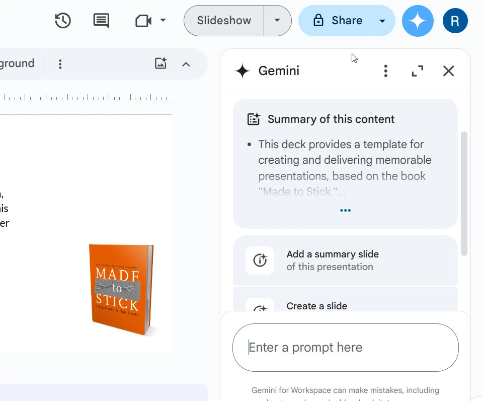 إنشاء شريحة ملخص من Gemini على Google slides