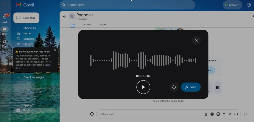 صورة توضح استخدام الرسائل الصوتية في Google chat