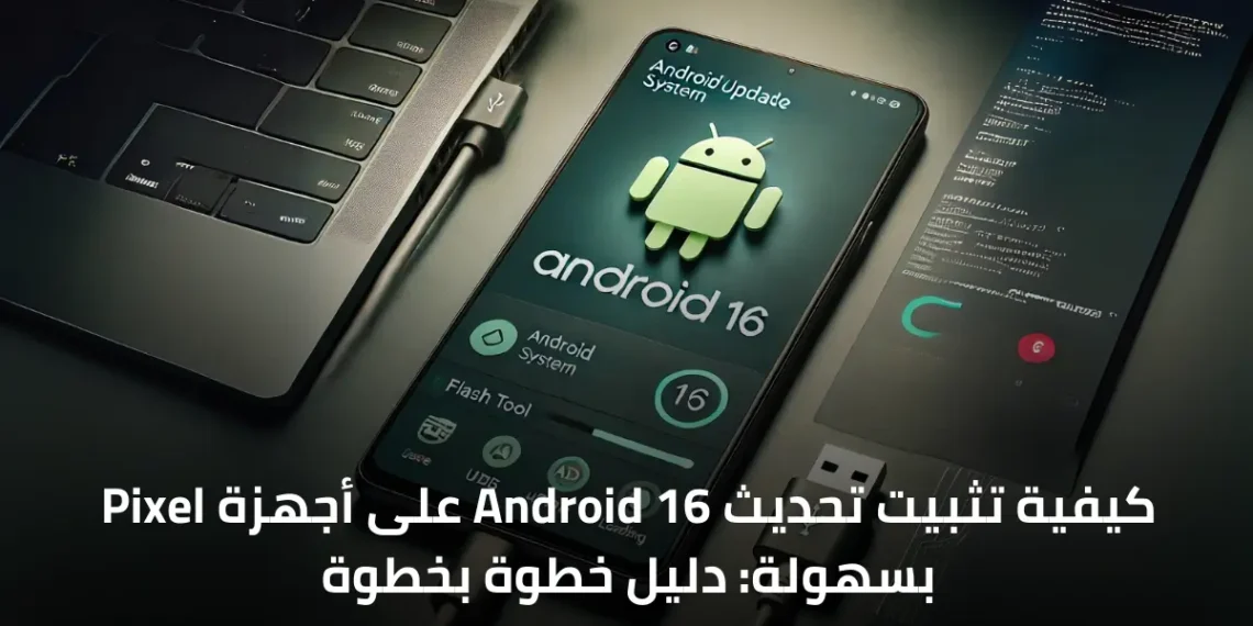 صورة لجهاز Pixel يظهر عليه تحديث Android 16 مع كابل USB-C.