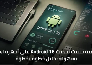 صورة لجهاز Pixel يظهر عليه تحديث Android 16 مع كابل USB-C.