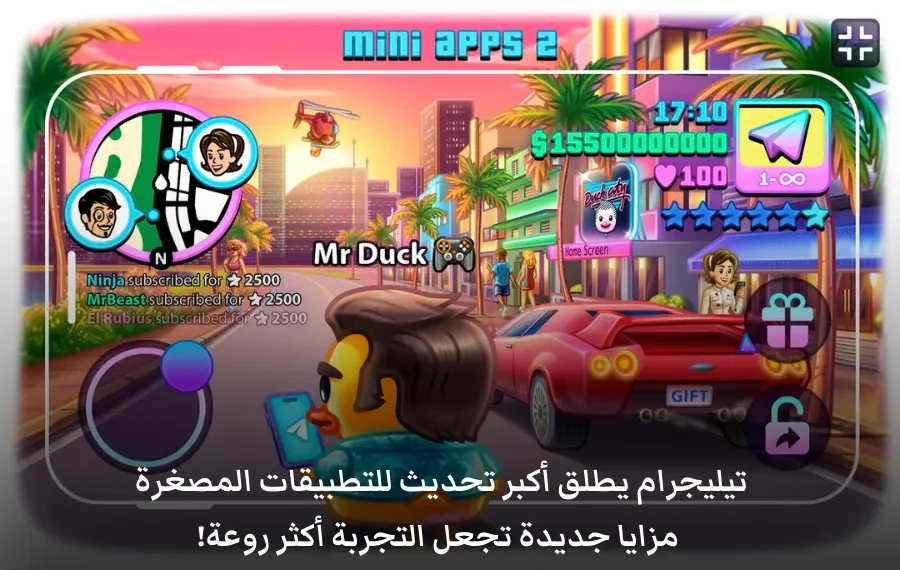 صورة توضح المزايا الجديدة في تحديث تيليجرام للتطبيقات المصغرة، مثل الوضع الكامل وتتبع حركة الجهاز.