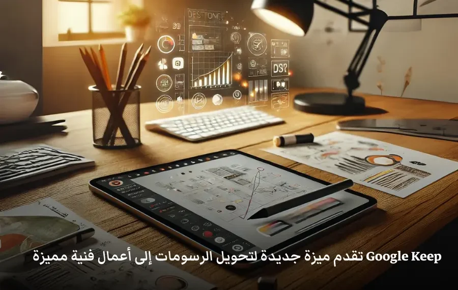 صورة إفتراضيه لتطبيق Google Keep مع قلم رقمي يقوم بتحويل الخربشات إلى رسومات فنية