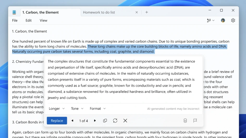 ميزات الذكاء الاصطناعي في برنامج "المفكرة" Notepad - مصدر الصورة: Microsoft