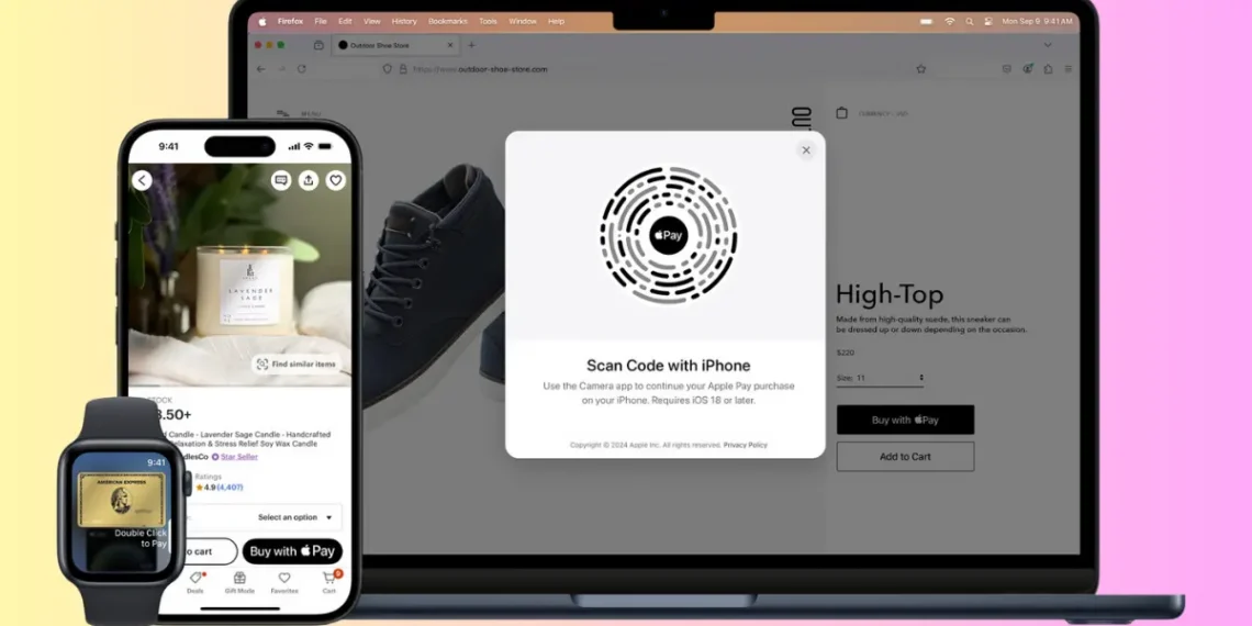 صورة توضح كيفية استخدام خدمة Apple Pay على أجهزة Apple للدفع السريع والآمن عبر الإنترنت أو في المتاجر - مصدر الصورة: Apple