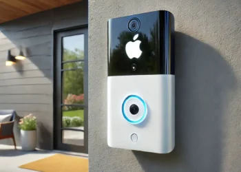 صورة افتراضية تعرض جرس الباب الذكي من أبل المزود بتقنية Face ID، يجمع بين الأمان والابتكار في المنزل الذكي.