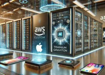 صورة تعبيرية تظهر رقاقات Trainium و Graviton من أمازون المستخدمة في تدريب نماذج الذكاء الاصطناعي، مع شعار آبل وأمازون في الخلفية.