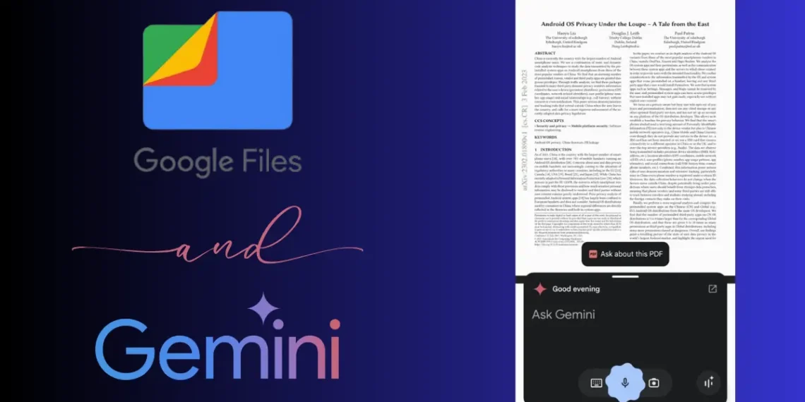 لقطة شاشة لتطبيق Files by Google تعرض ميزة "Ask about this PDF" الجديدة باستخدام مساعد Gemini.