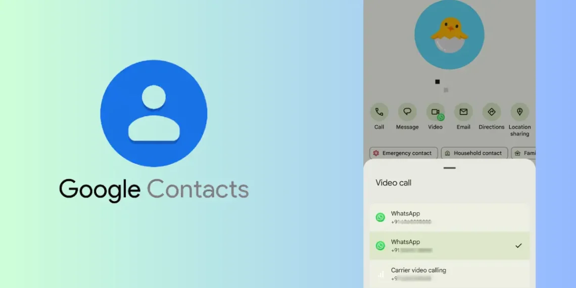 واجهة تطبيق Google Contacts تعرض خيارات مكالمات الفيديو مع تطبيق WhatsApp والمكالمات عبر الشبكة.