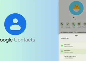 واجهة تطبيق Google Contacts تعرض خيارات مكالمات الفيديو مع تطبيق WhatsApp والمكالمات عبر الشبكة.