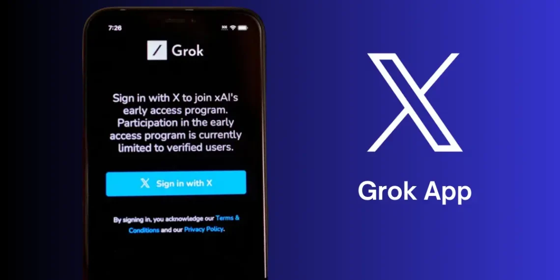 صورة تعبيرية لتطبيق GrokAi تعرض خيارات روبوت المحادثة ومولد الصور المدعوم بالذكاء الاصطناعي على هاتف iPhone.