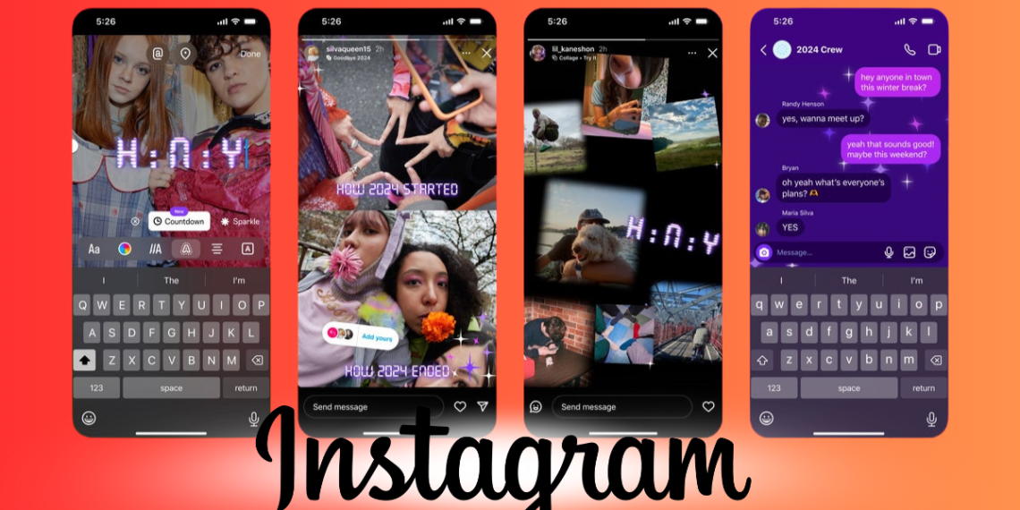 صورة توضيحية لميزات إنستجرام الجديدة لعام 2024، تشمل الكولاج، تأثيرات النصوص، وقوالب Add Yours المخصصة للاحتفال بالعام الجديد.