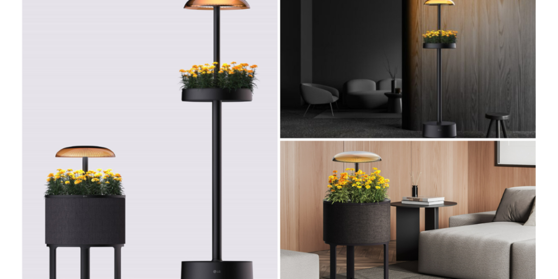 مصباح LG الجديد للزراعة الداخلية بتصميم أنيق مع نباتات خضراء مزروعة وإضاءة LED مبتكرة مناسبة للمنازل والشقق.