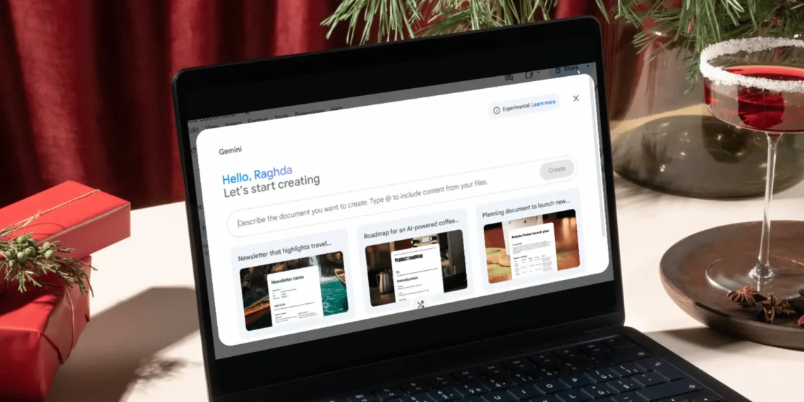 صورة توضيحية لميزة "ساعدني في الإنشاء" في Google Docs، مع واجهة مستخدم تظهر إنشاء مستند باستخدام الذكاء الاصطناعي Gemini.