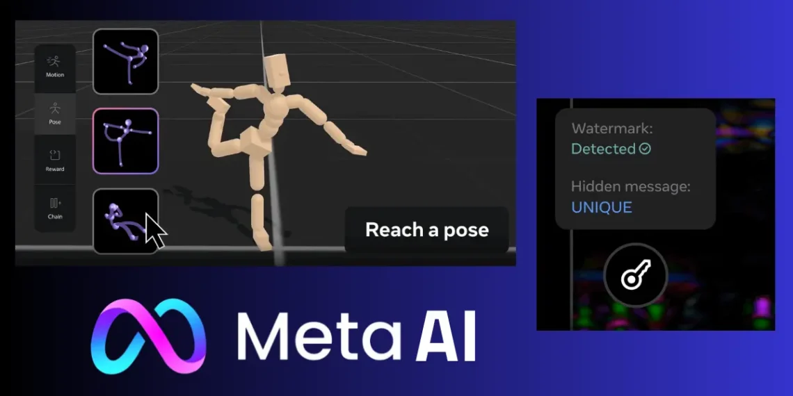 صورة توضح استخدام أدوات الذكاء الاصطناعي من ميتا مثل "Meta Motivo" و"Meta Video Seal" لتحسين الألعاب وحماية المحتوى الرقمي.