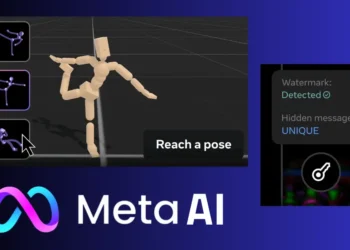 صورة توضح استخدام أدوات الذكاء الاصطناعي من ميتا مثل "Meta Motivo" و"Meta Video Seal" لتحسين الألعاب وحماية المحتوى الرقمي.
