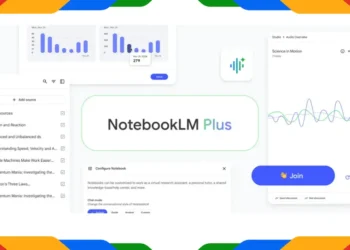 صورة توضح واجهة أداة NotebookLM الجديدة مع ميزة التفاعل الصوتي والاشتراك الجديد NotebookLM Plus.