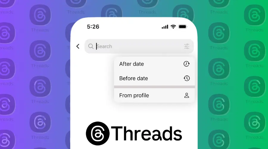 صورة توضح تحديث تطبيق Threads مع ميزة البحث الجديدة التي تسمح بتصفية المنشورات حسب البروفايل والتاريخ