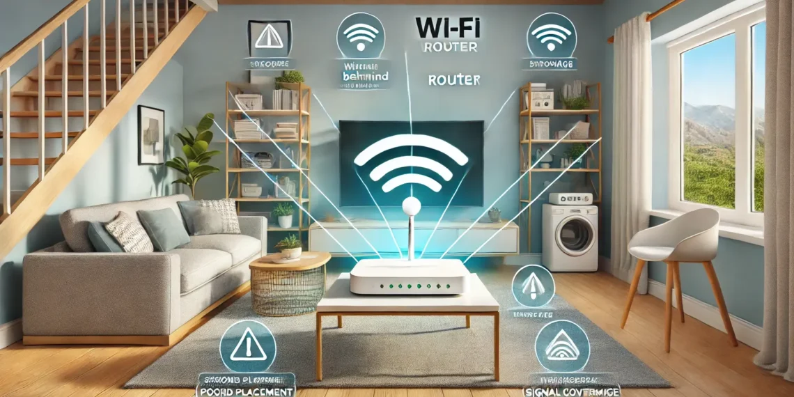 صورة توضح كيفية وضع جهاز الراوتر في مكان مركزي بالمنزل، مع نصائح لتحسين سرعة الانترنت.